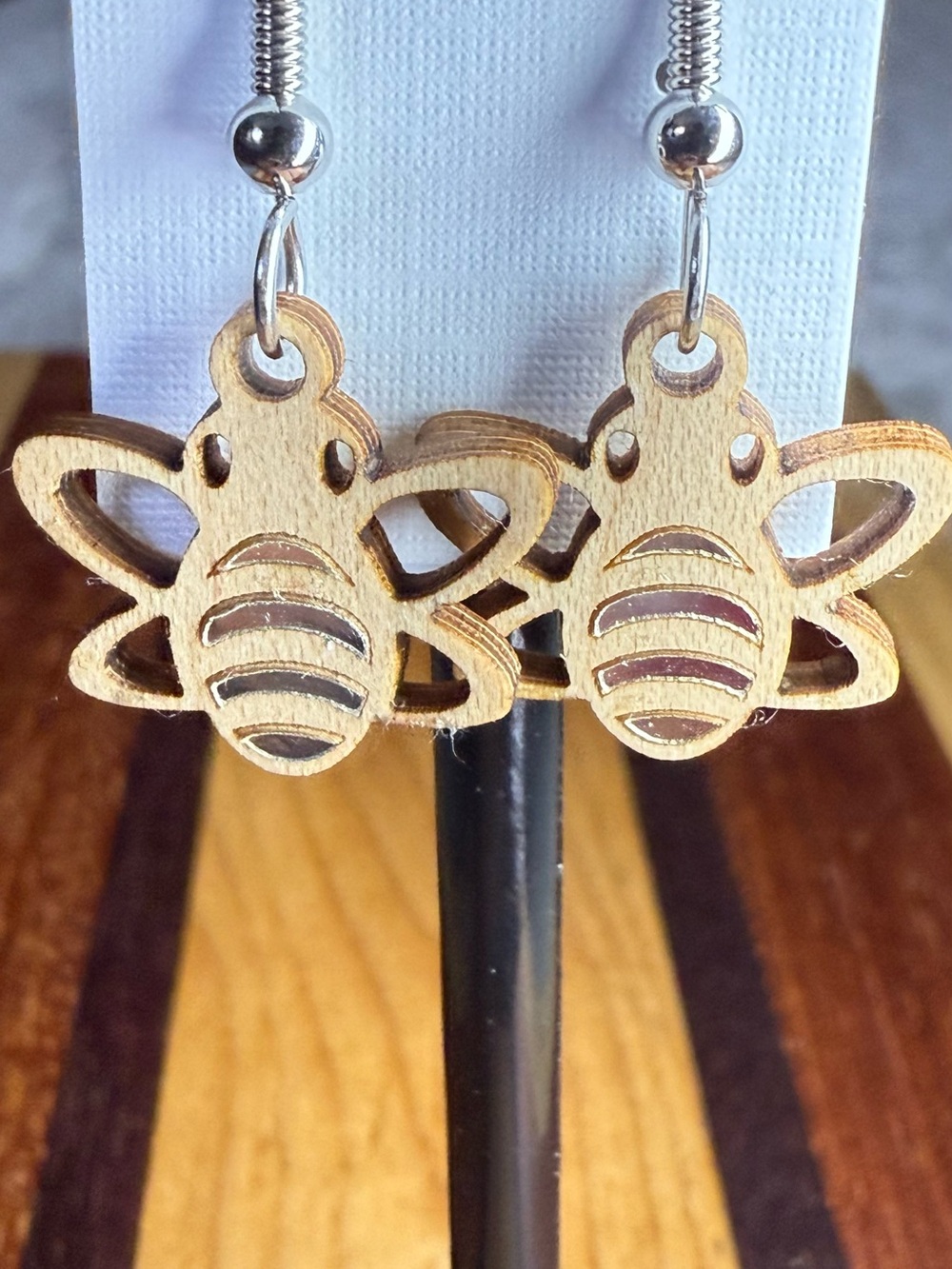 Wooden Bee Dangle Laser Cut with silver accent earrings
